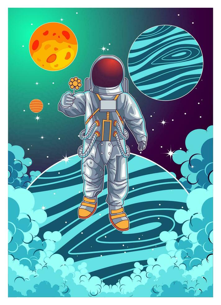 astronaut having fun and play skateboard in the space vector