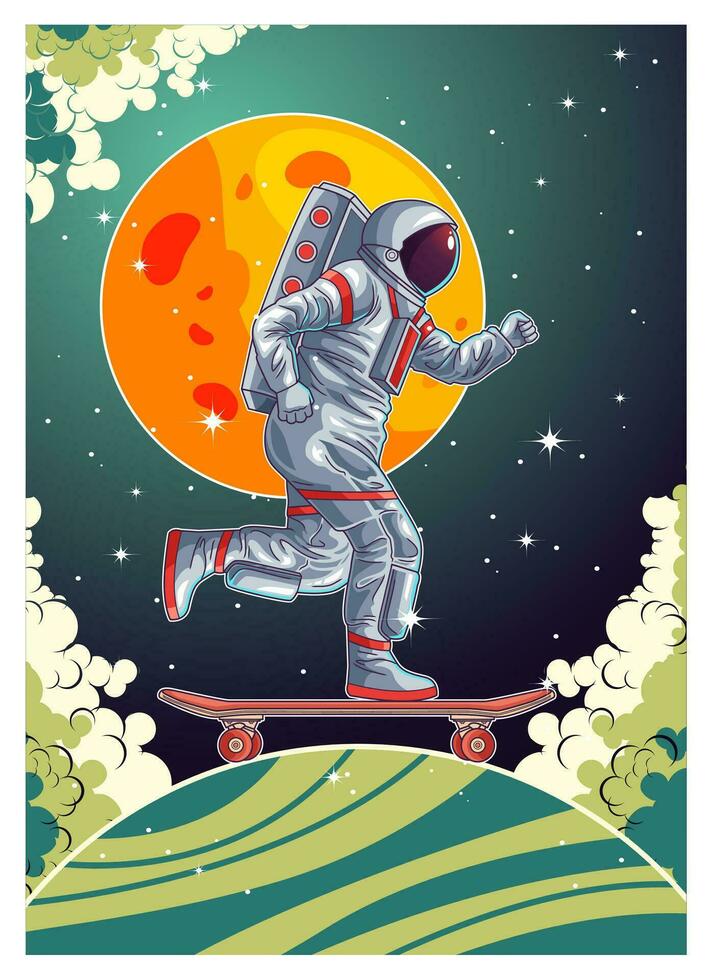 astronaut having fun and play skateboard in the space vector