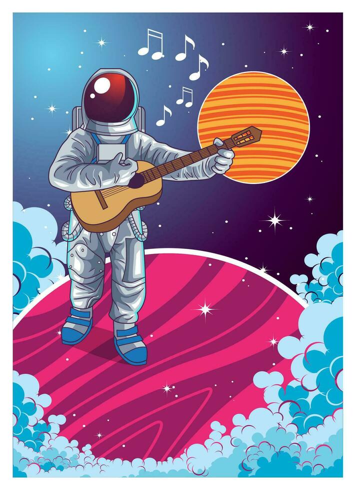 astronauts playing guitar on the planet in space vector