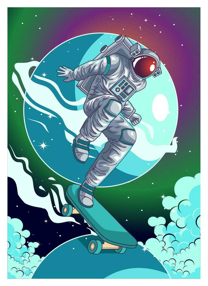 astronaut playing skateboard in the space vector