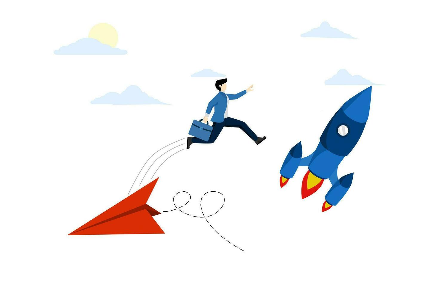 innovation concept to help success or career change to a new path, way or alternative direction, Transform into a better company, ambitious entrepreneur jumps from old origami airplane to grow rocket. vector