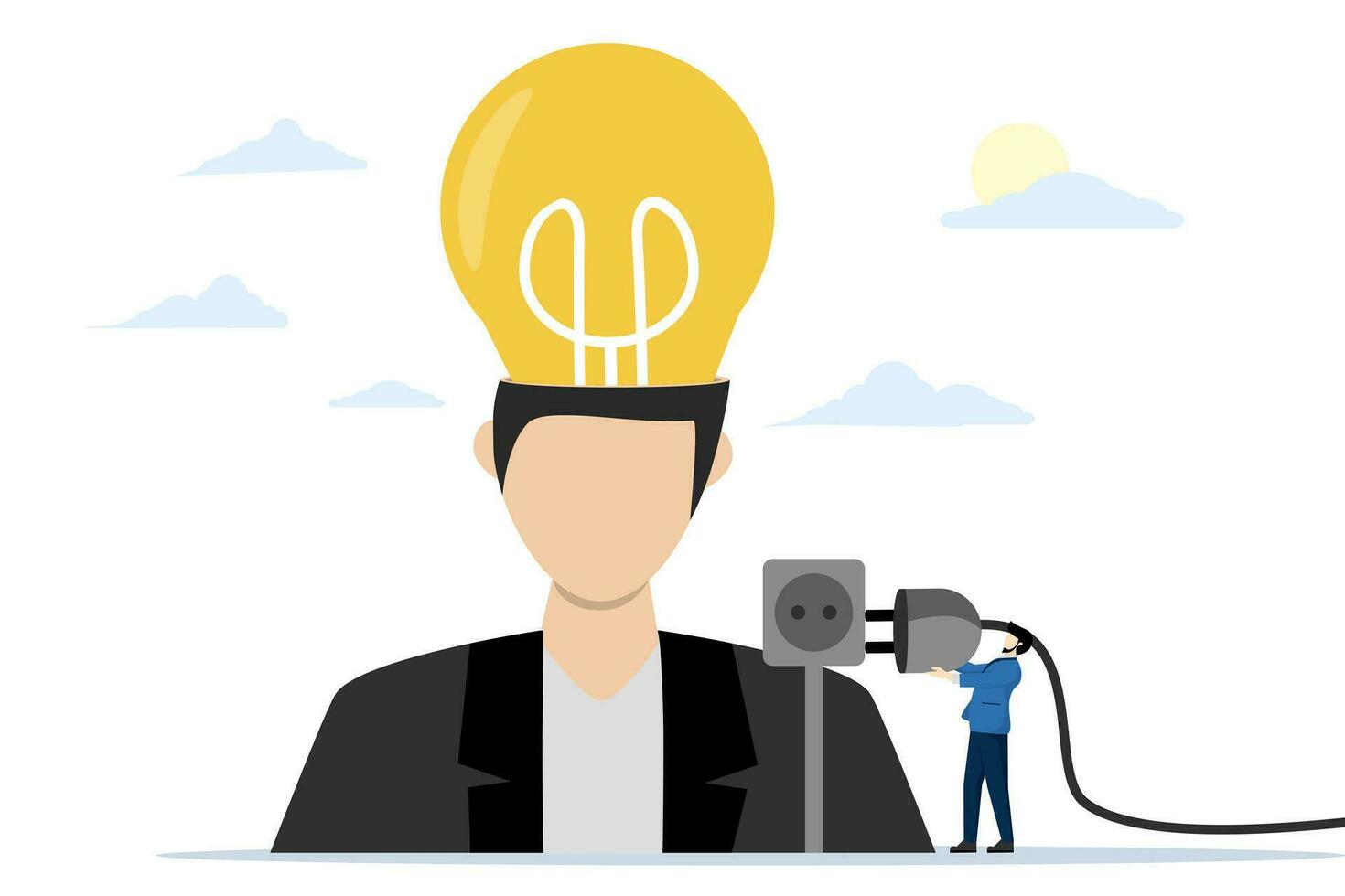 Big idea concept, connect ideas. Generate creative ideas and brainstorm metaphors. great innovation for business. A businessman connects a light bulb to start an action plan. Flat Vector illustration.