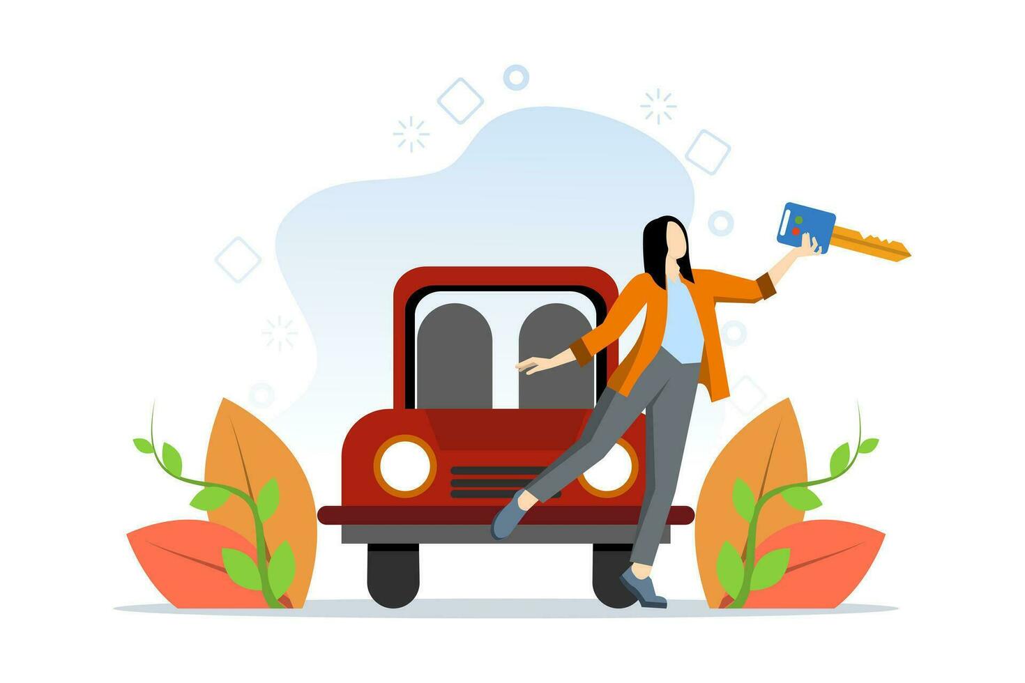 Car buying concept, car buying, car financing, leasing. people buy cars. The client is happy to buy a new car. Vehicle rent. Vector illustration in flat design for web banner, UI. vector illustration.