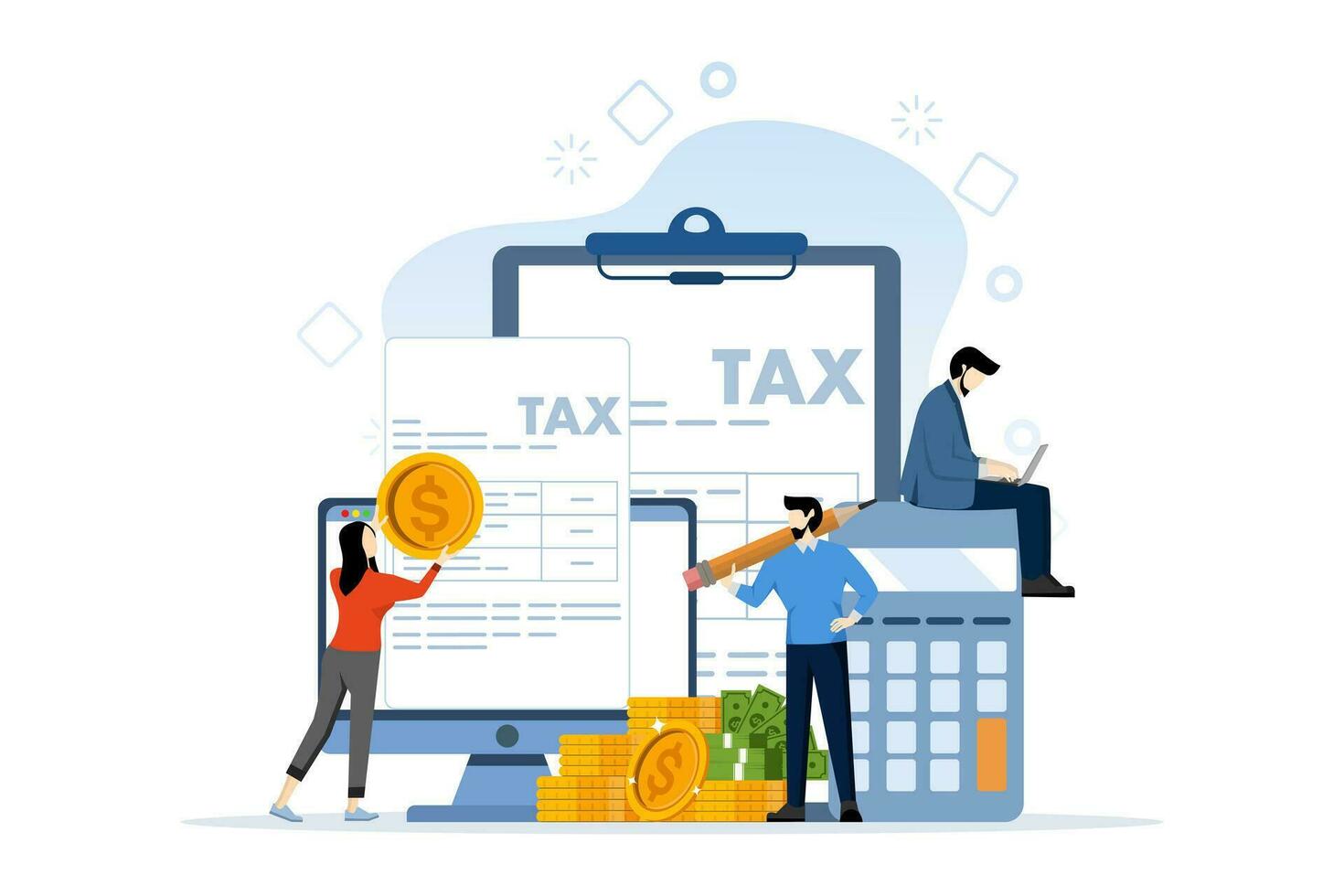 Online Tax Payment Vector Illustration Concept, person filling tax form, person submitting tax digitally via website, Suitable for web landing page, ui, mobile app, flyer, banner, etc.