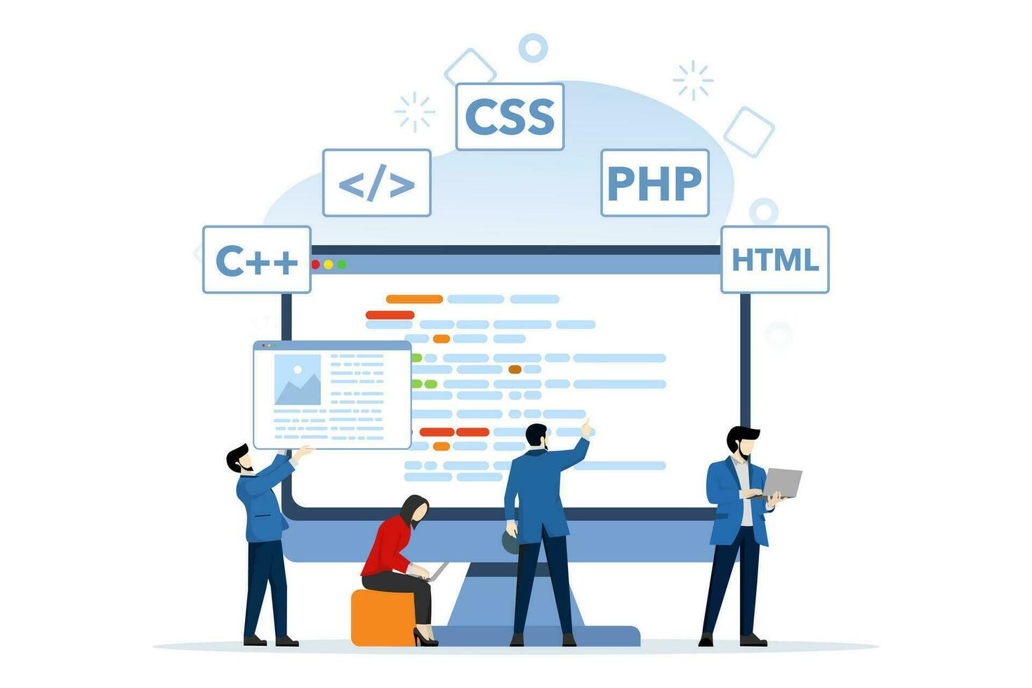 Web Development concept, characters are designing and developing websites and apps, responsive web design, website interfaces, coding and programming, flat vector illustration on background.