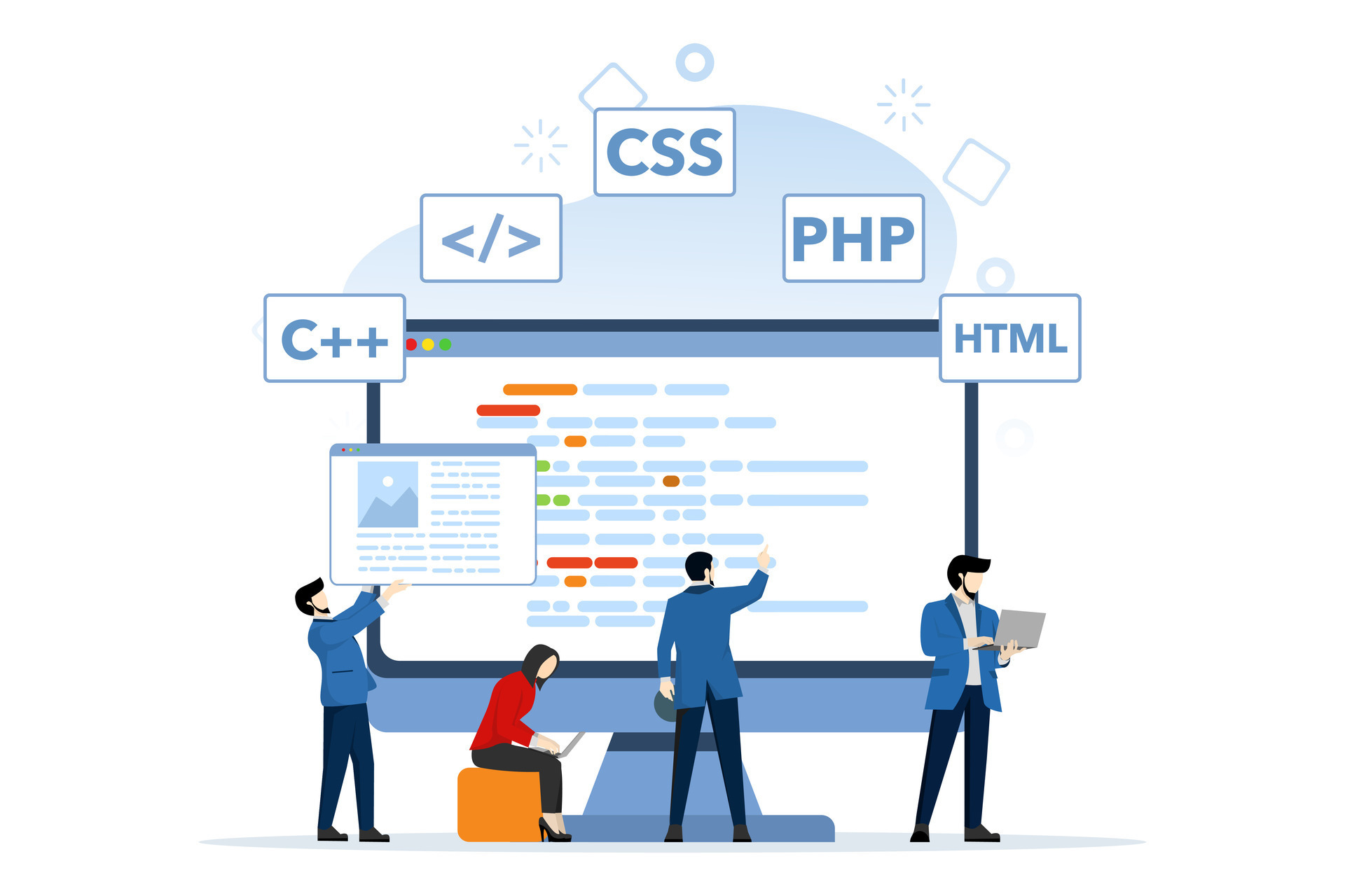 Web Development concept, characters are designing and developing