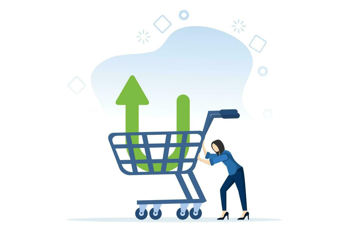 Investor buying stocks with down arrow chart in shopping cart. Buy stocks when prices fall. Profit from the market crash. trading, stock market, flat vector illustration on a white background.