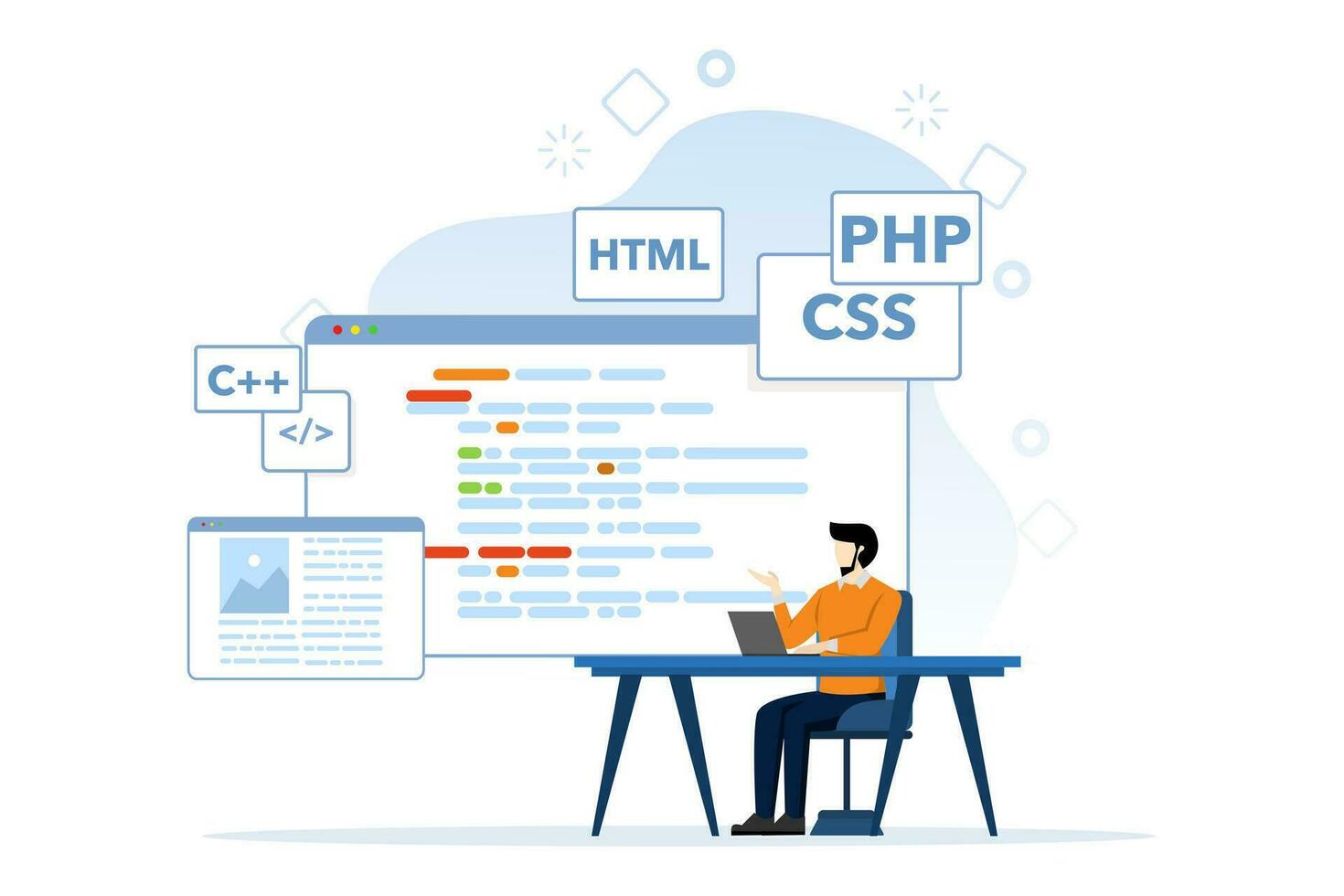 web desarrollo concepto, caracteres son diseño y desarrollando sitios web y aplicaciones, sensible web diseño, sitio web interfaces, codificación y programación, plano vector ilustración en antecedentes.