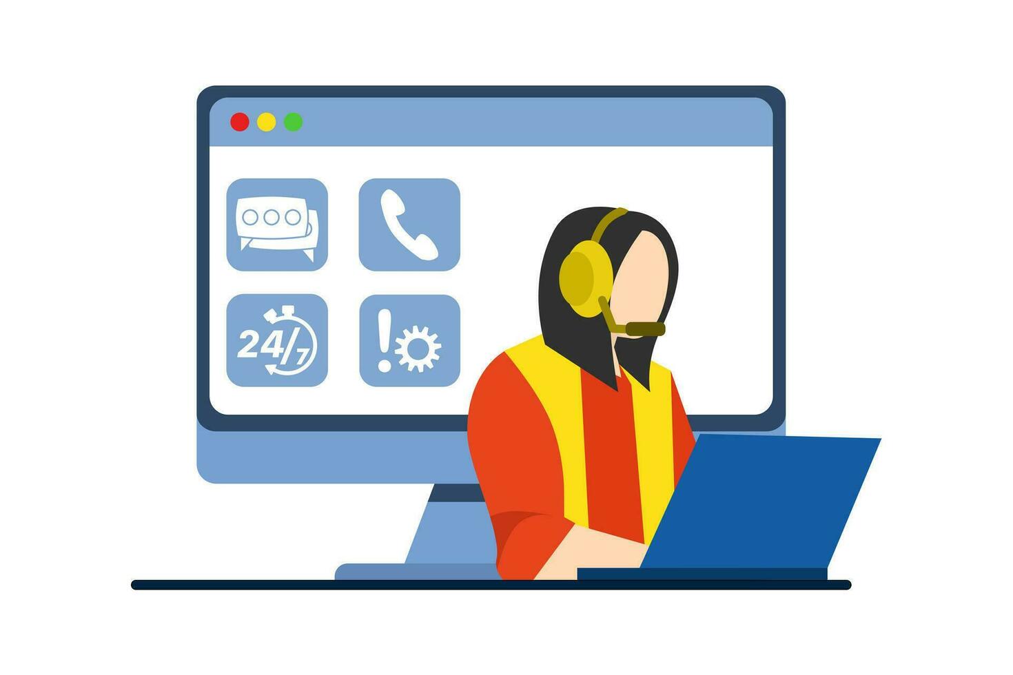 Concept of hotline worker, online assistant, telemarketer, customer attraction. Consultant with headset helping customer. customer support. Vector illustration in flat shape for UI, web banner, app.