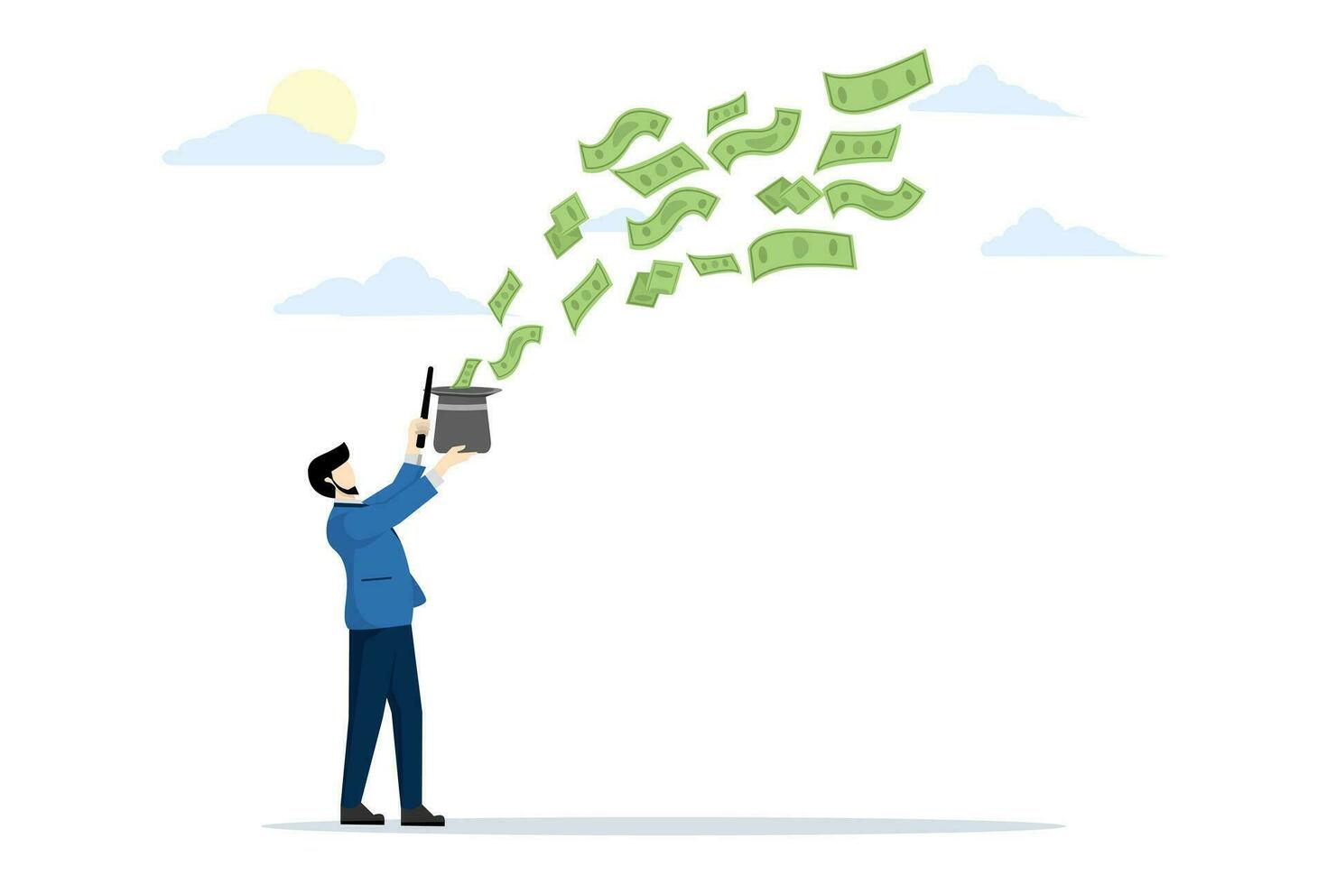 get rich quick concept, make money or profit on investment, FED or central bank stimulation money, financial advisor or wealth, businessman magician use magic wand to make money from magic hat. vector