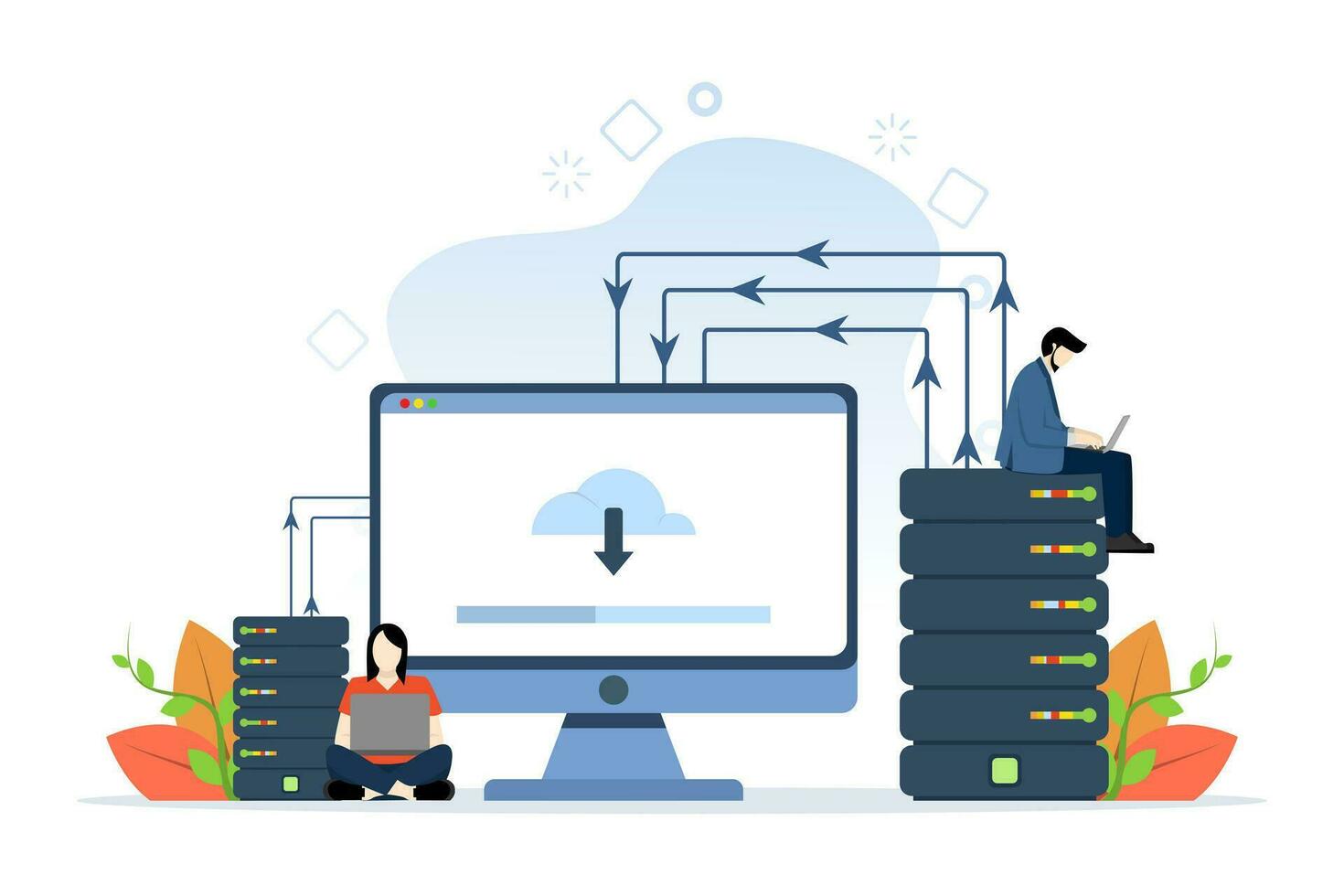 web hospedaje concepto con personas caracteres. en línea bases de datos, servidores, web datos centros, nube informática, tecnología, ordenadores, seguridad. plano moderno vector ilustración en blanco antecedentes.