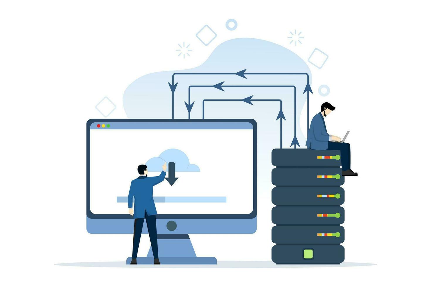 Web hosting concept with people characters. Online databases, servers, web data centers, cloud computing, technology, computers, security. Flat modern vector illustration on white background.