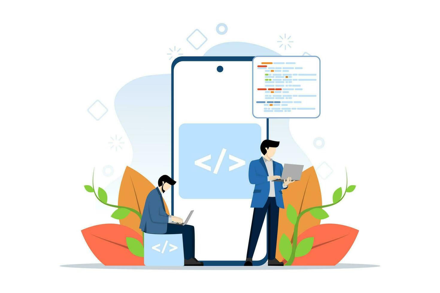 App Development Concept, people in various web and app design and development activities, social media, creative process, Suitable for web landing page, ui, mobile app, flyer, banner, etc. vector