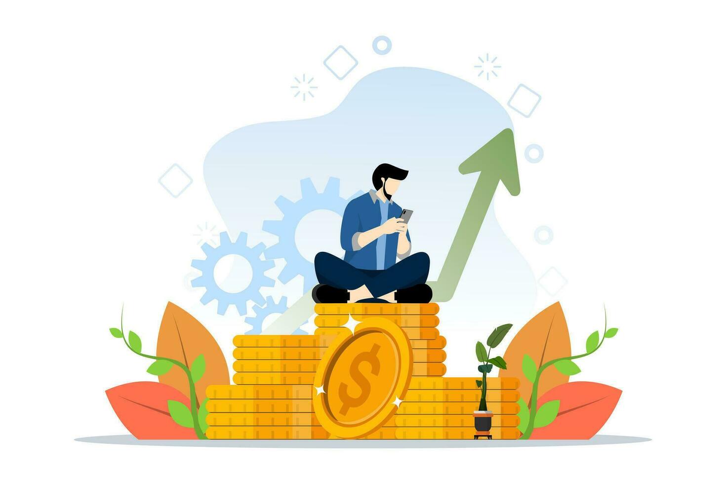 Financial consultant training over pile of coins excited and holding mobile phone. Successful investor or entrepreneur. Financial consulting, investment and savings. Modern vector illustration.