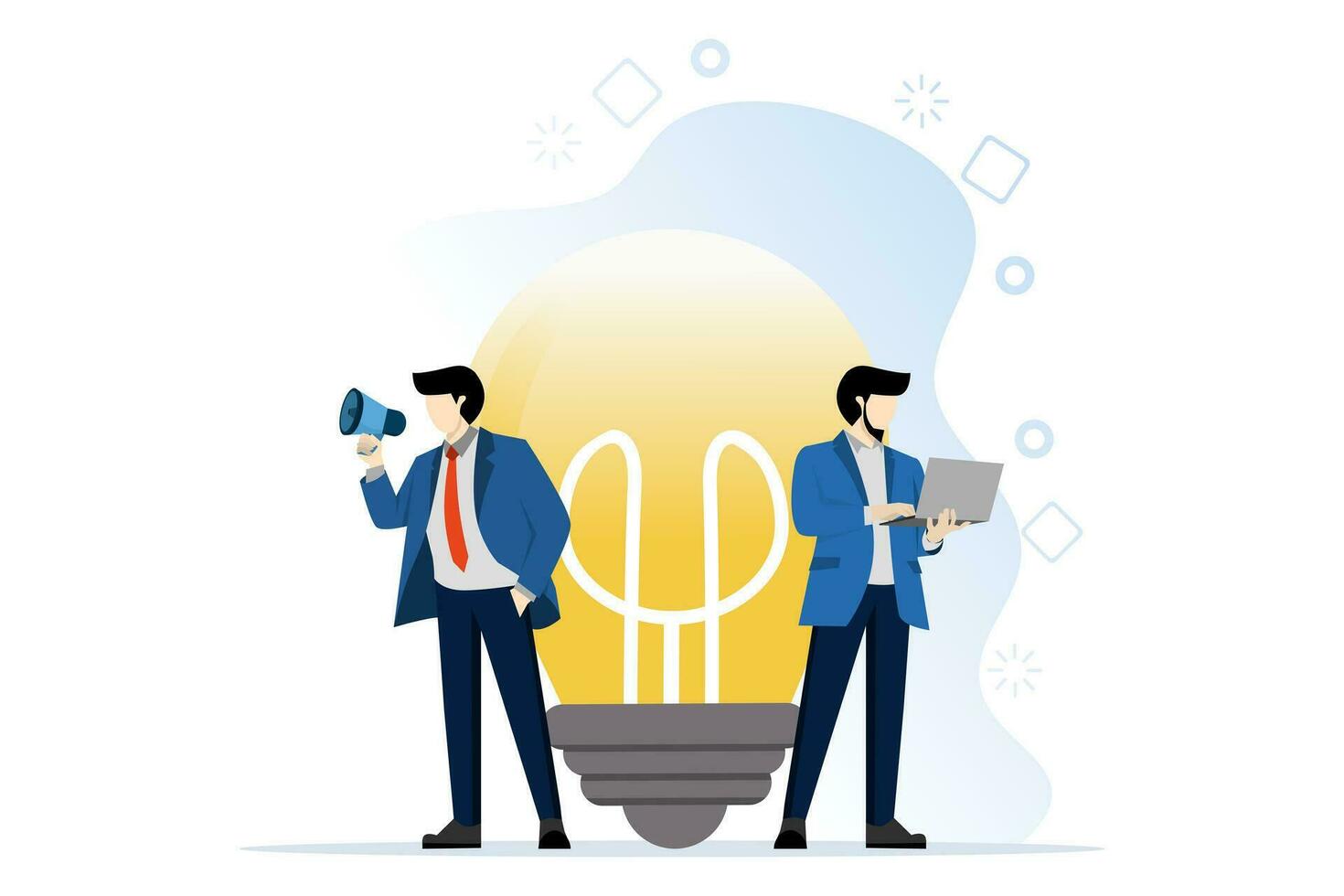Business idea concept. Character standing near big light bulb. Concept of generation of innovative ideas, creative thinking, creativity and imagination. Isolated modern vector illustration.