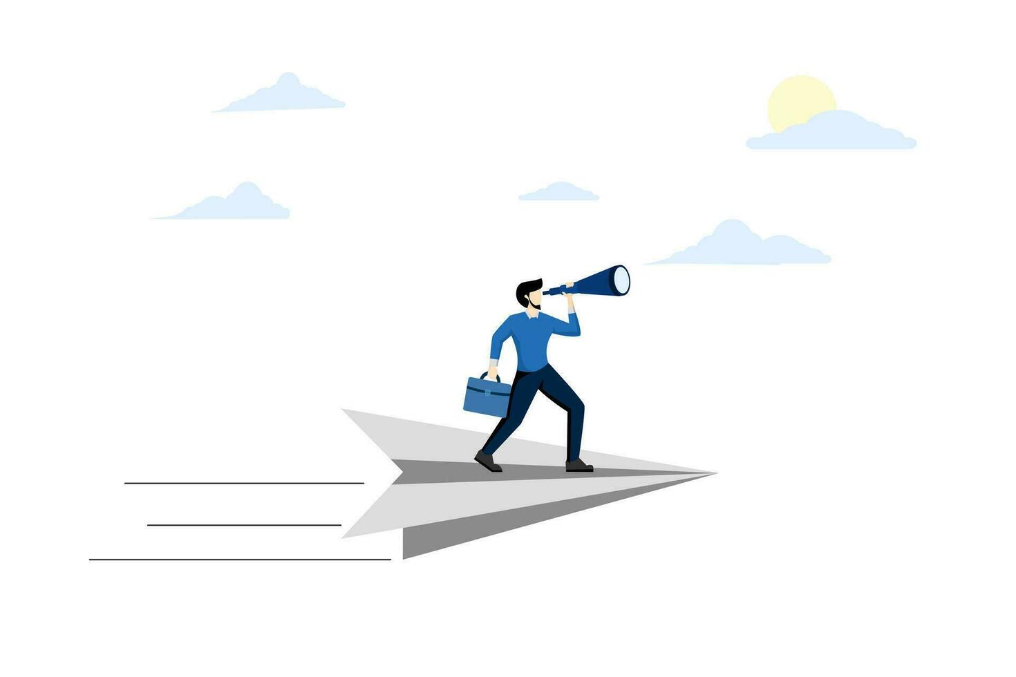 business vision direction concept. Successful startups grow trajectories and achieve goals. Businessman holding binoculars standing on paper airplane. flat vector illustration on a white background.