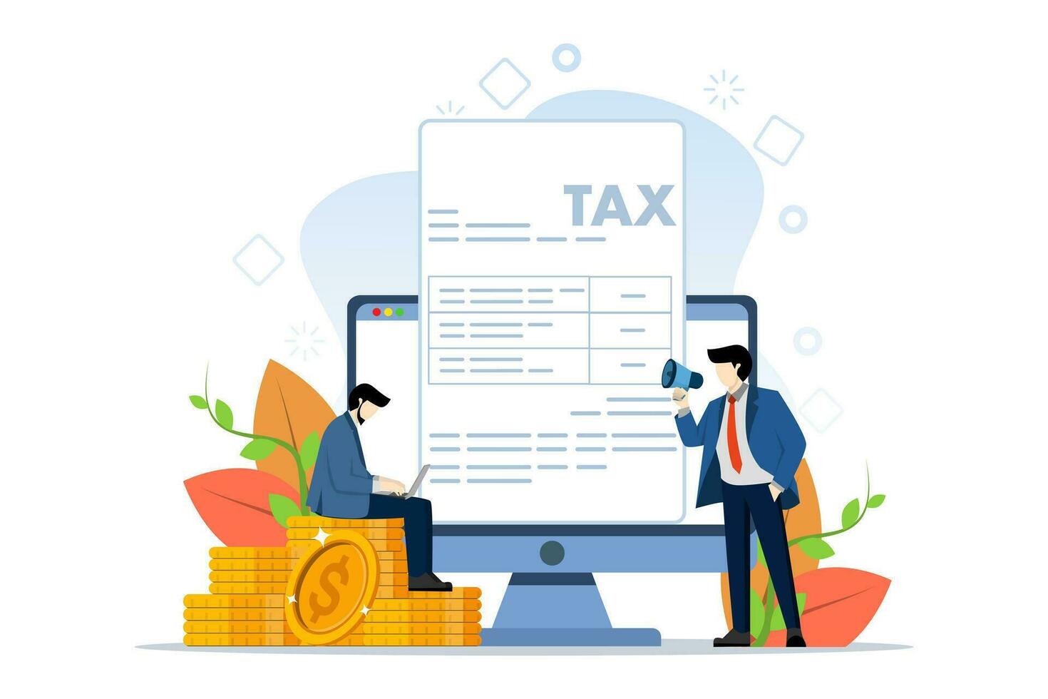 Online Tax Payment Vector Illustration Concept, person filling tax form, person submitting tax digitally via website, Suitable for web landing page, ui, mobile app, flyer, banner, etc.