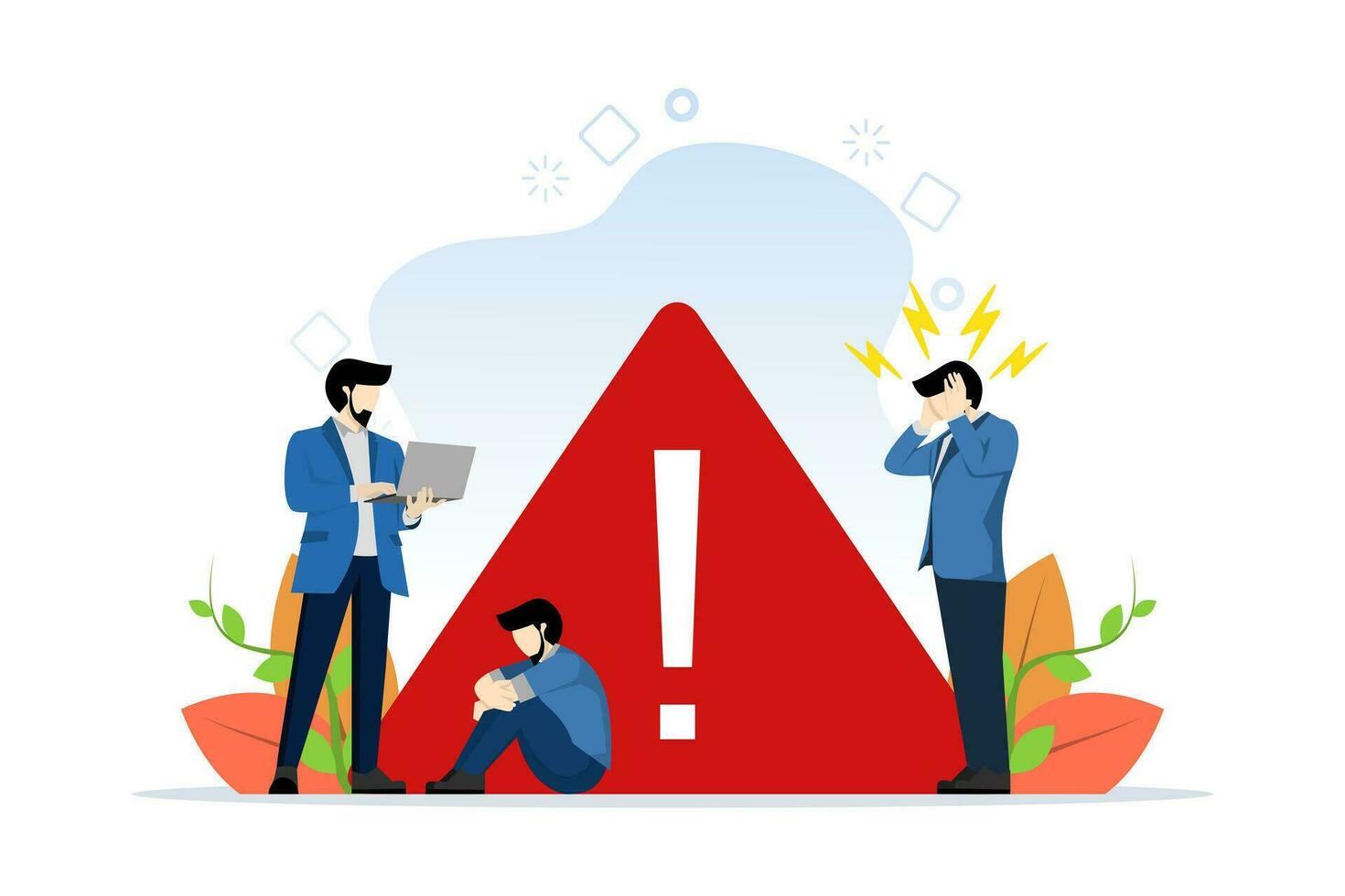 business concept, disconnection from Internet, unavailable, some people are angry, something is wrong. disconnected internet network, warning sign, flat vector illustration on a white background.