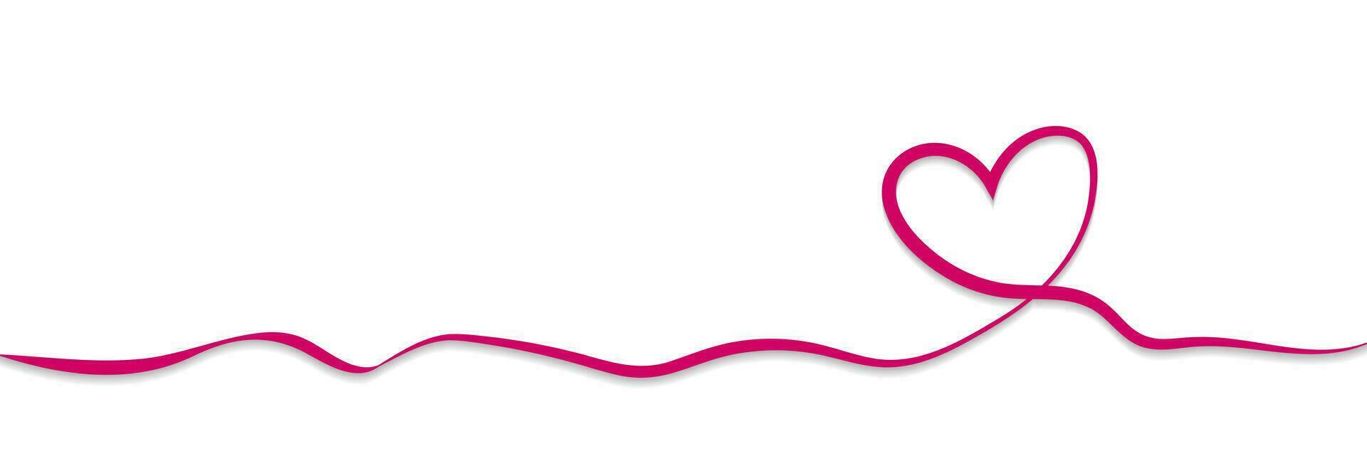 Heart symbol of valentines day. Line art style, wide banner with space for text and shadow on white background vector
