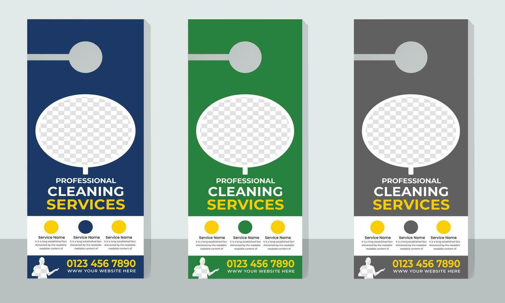 Cleaning services door hanger template or junk, dust removal laundry services door hanger design. vector