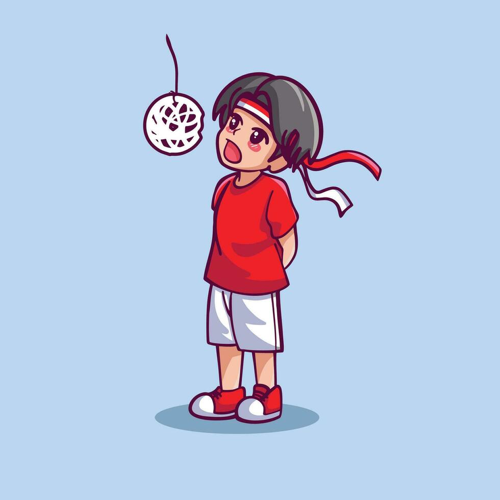 Cute boy eating kerupuk food in indonesian independence day vector
