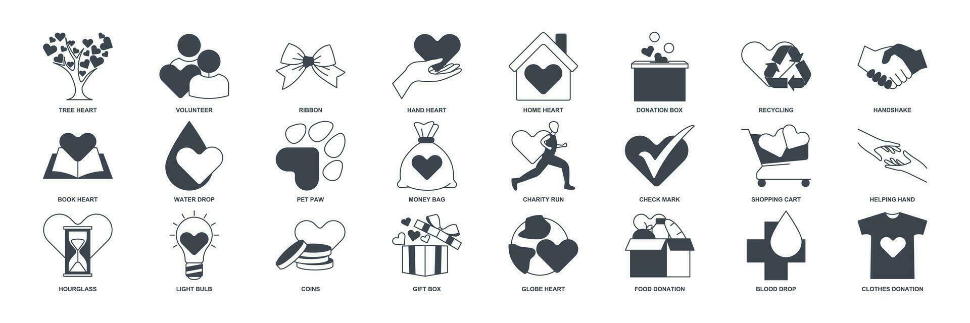 Charity, Kindness, Donation icon set, Included icons as Donation Box, Handshake, Volunteer and more symbols collection, logo isolated vector illustration