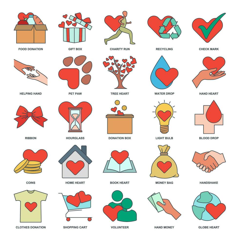 Charity, Kindness, Donation icon set, Included icons as Donation Box, Handshake, Volunteer and more symbols collection, logo isolated vector illustration