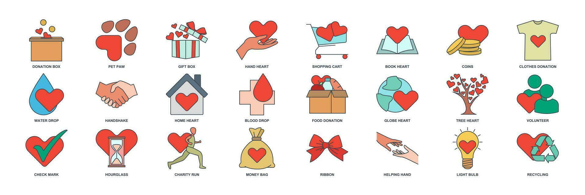 Charity, Kindness, Donation icon set, Included icons as Donation Box, Handshake, Volunteer and more symbols collection, logo isolated vector illustration