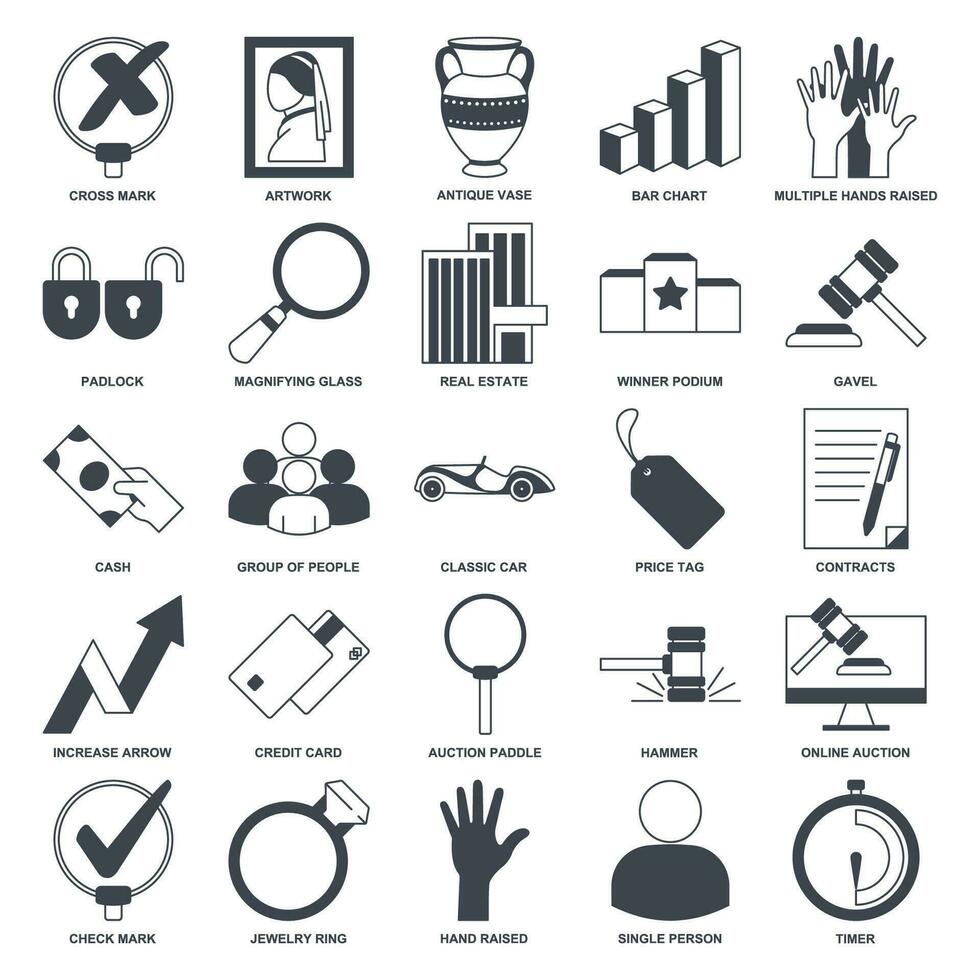 Auction icon set, Included icons as Hand Raised, Price Tag, Magnifying Glass and more symbols collection, logo isolated vector illustration