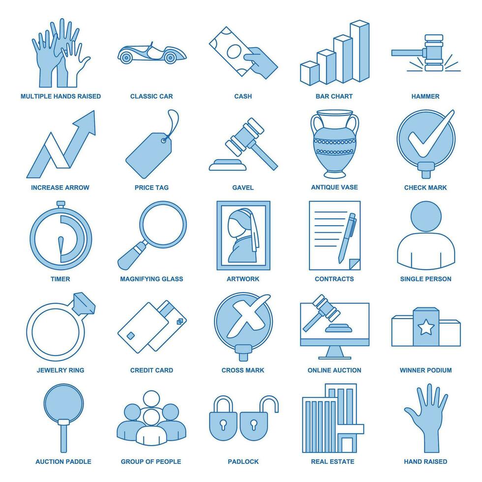 subasta icono colocar, incluido íconos como mano aumentó, precio etiqueta, aumentador vaso y más símbolos recopilación, logo aislado vector ilustración