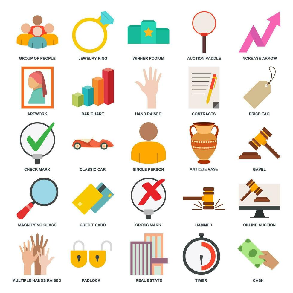 Auction icon set, Included icons as Hand Raised, Price Tag, Magnifying Glass and more symbols collection, logo isolated vector illustration