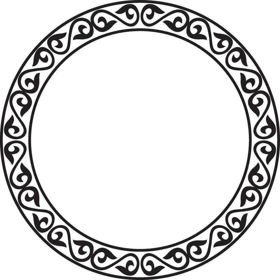 Vector monochrome round patterned Kazakh national frame. Asian ornament in a circle. Border for sandblasting, laser and plotter cutting. Patterns of the nomadic peoples of the Great Steppe