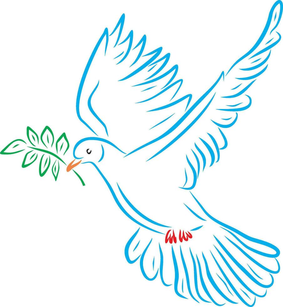 Vector silhouette of a blue, white dove. Drawn outline of a colored bird. Peace dove with olive branch. Christian symbol. Noah's Ark. Good news. Bible legend.