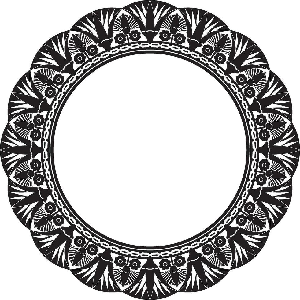 Vector monochrome round Egyptian border. Circle ornament of ancient Africa. Pattern of lotus flowers and sun
