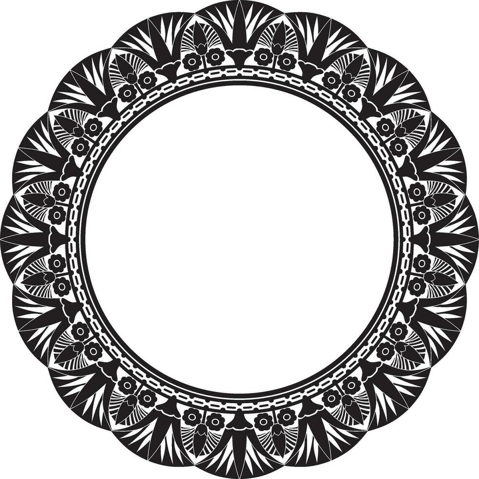 Vector monochrome round Egyptian border. Circle ornament of ancient Africa. Pattern of lotus flowers and sun