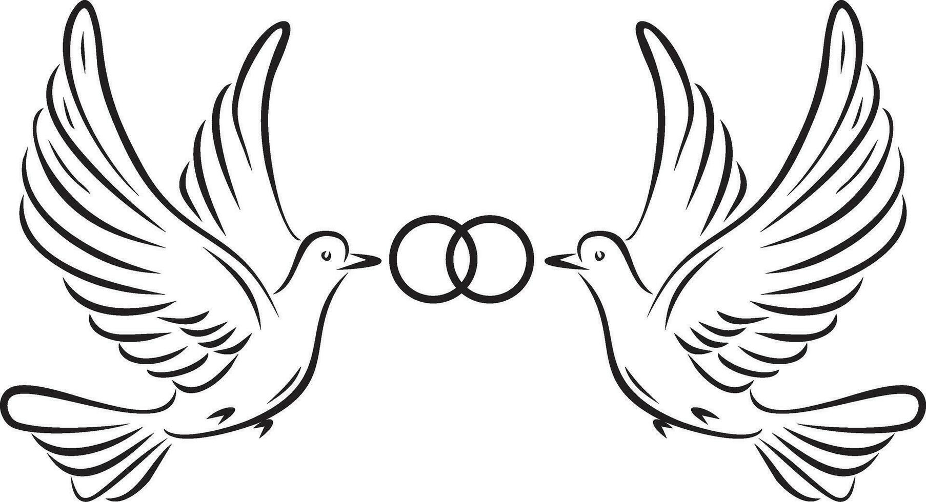 Vector monochrome loving flying doves with rings in their beak. Bird of love and hope.