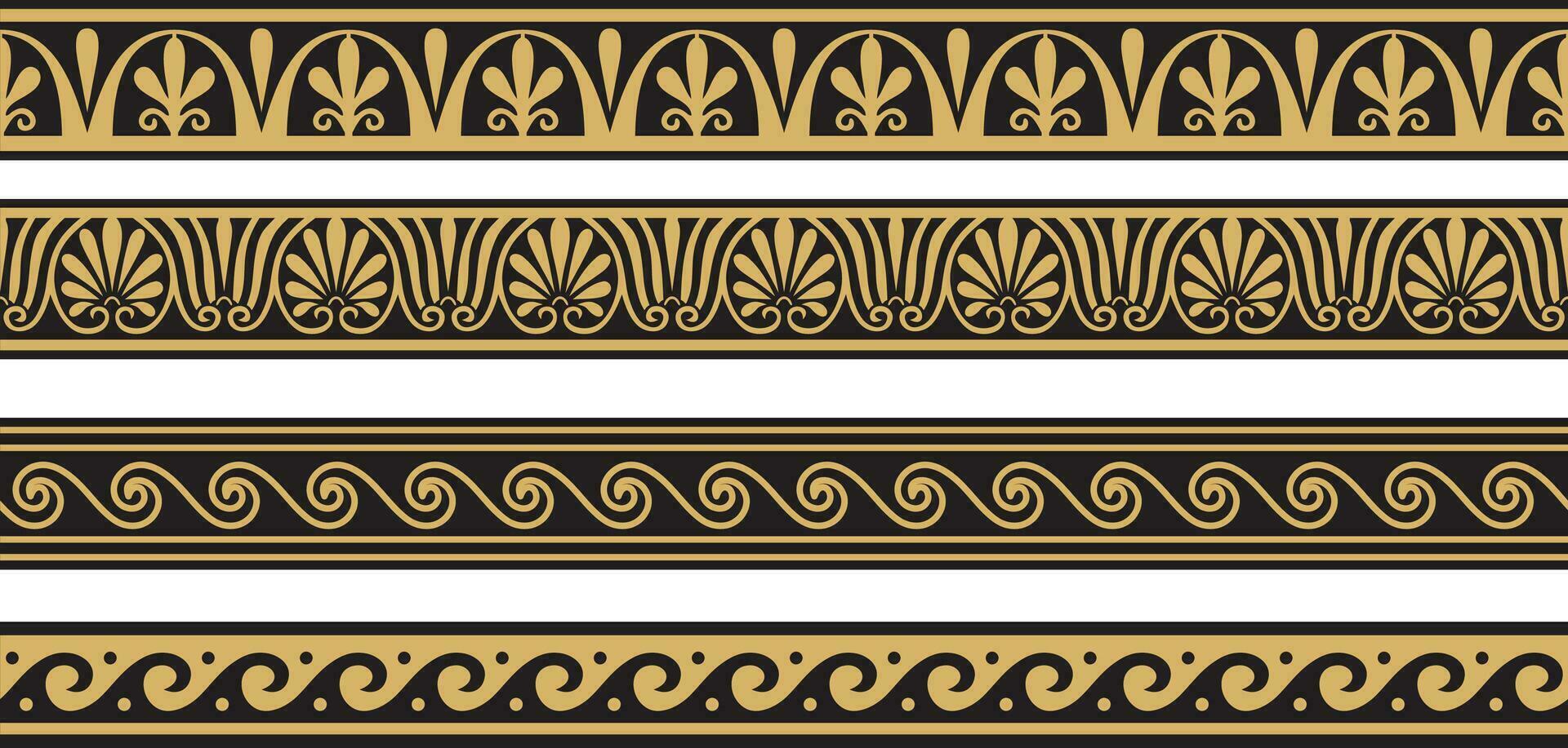 Set of vector seamless greek classic ornament. Pattern for a border and a frame. Ancient Greece and the Roman Empire. Endless golden with black meander