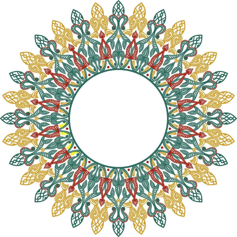 Vector colored round oriental ornament. Arabic patterned circle of Iran, Iraq, Turkey, Syria. Persian frame, border. Lacy carved snowflake