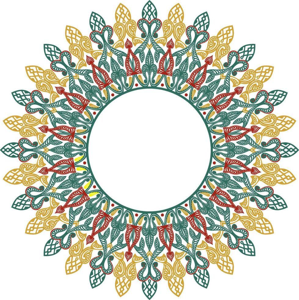 Vector colored round oriental ornament. Arabic patterned circle of Iran, Iraq, Turkey, Syria. Persian frame, border. Lacy carved snowflake