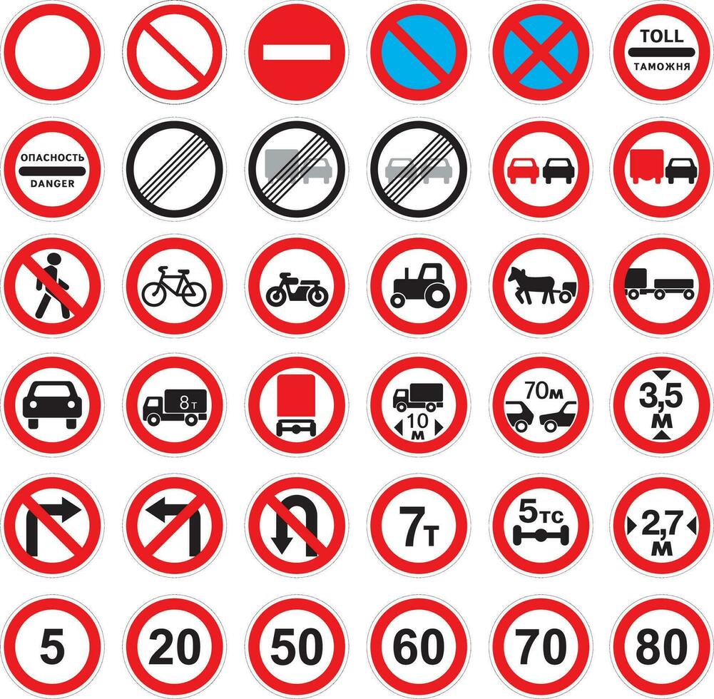 Vector road prohibition signs. Stop, stop, no parking, bicycles, pedestrians, length, distance, motorcycle, tractor, trailer, customs, turn