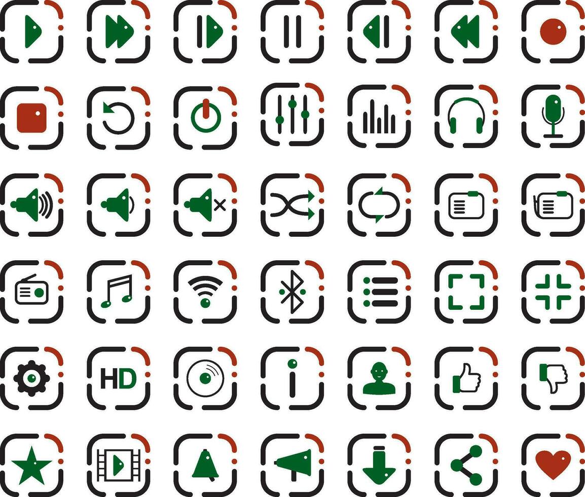 Vector set of icons for music player. Colored icons for sites on the Internet, buttons Start, pause, stop, rewind