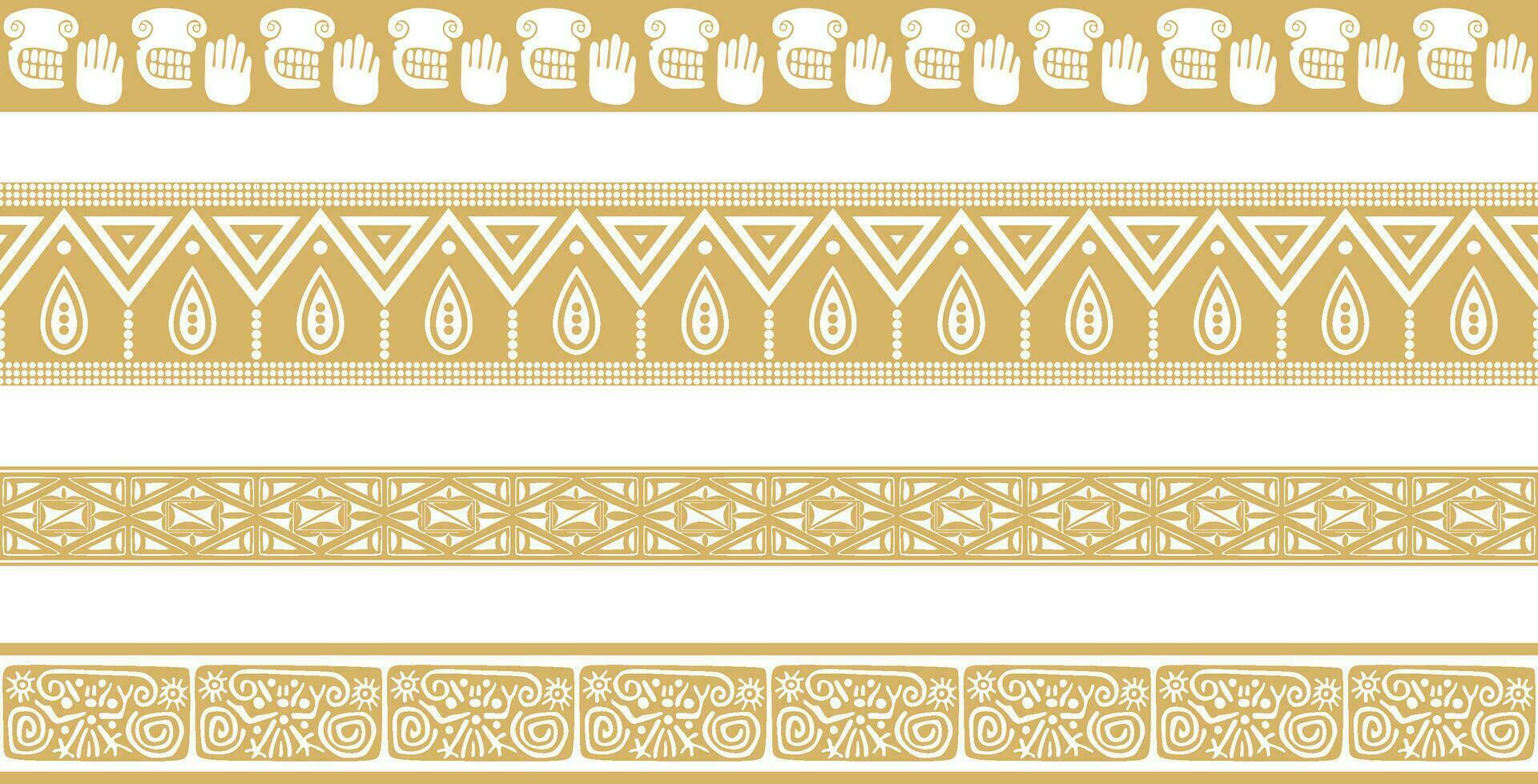 Vector set of seamless golden border ornament. Native American tribes framework. Endless patterns ethnic aztec, maya