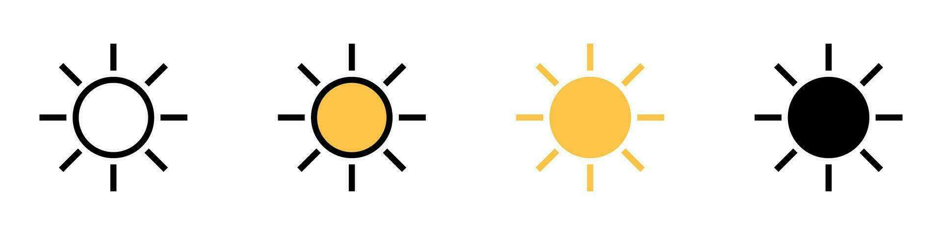 Sun icon set with different styles. Sunny weather and brightness control icons. Vectors. vector