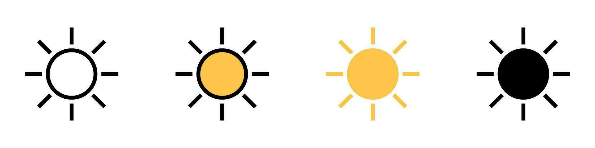 Sun icon set with different styles. Sunny weather and brightness control icons. Vectors. vector