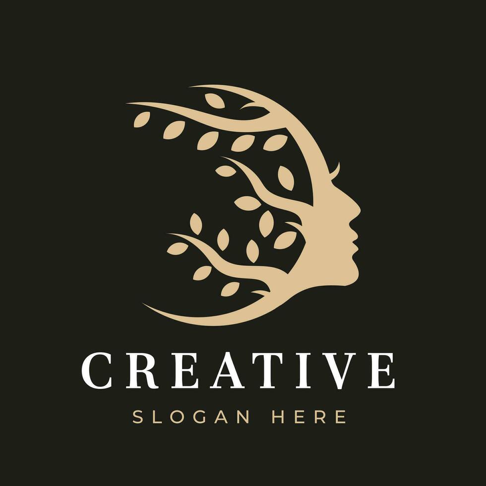 Illustration of logo design Beautiful face with vine roots and leaves can be used Premium Care and Beauty Logo vector