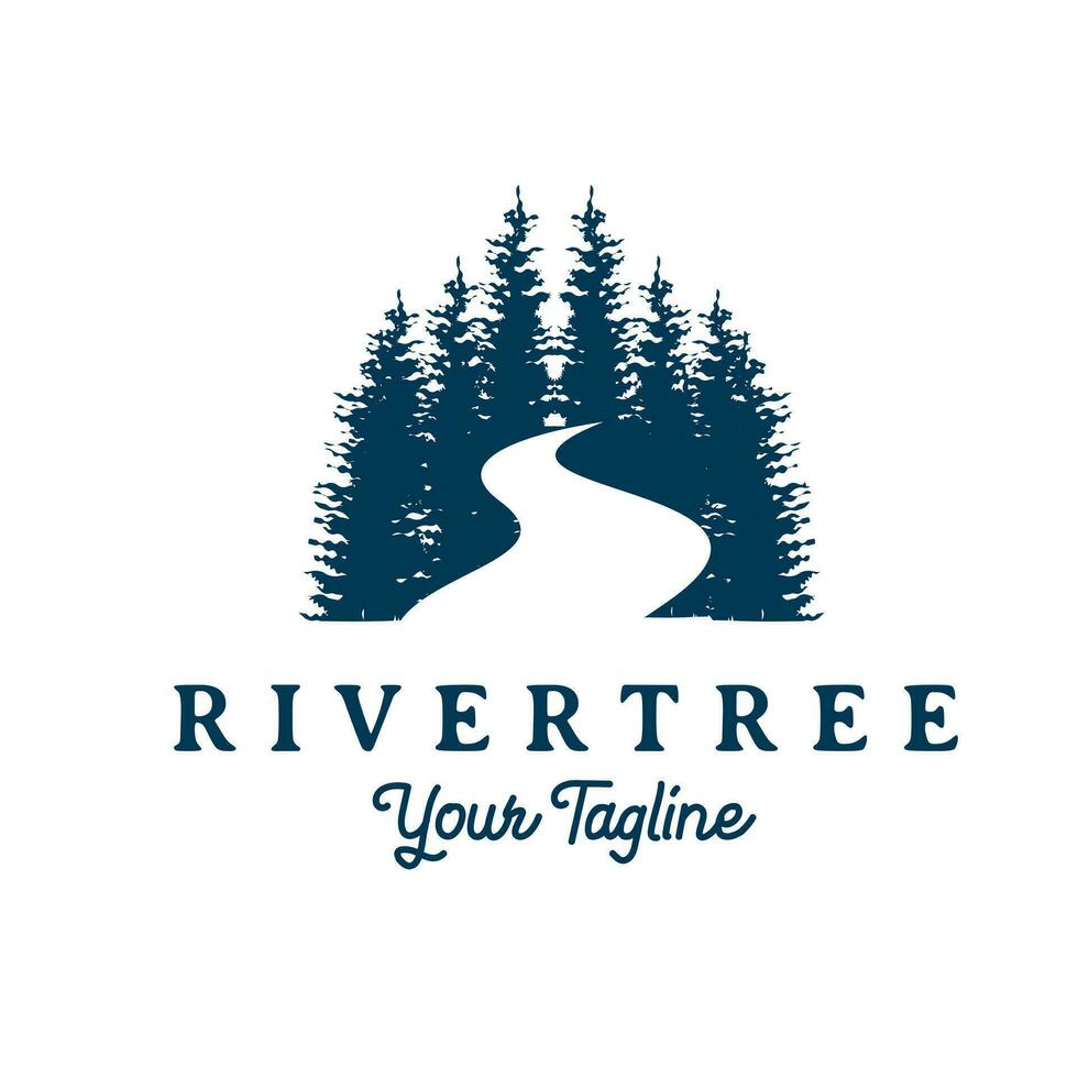 Hemlock Fir Forest Pine Tree with river river logo design vector. Vintage Retro design. vector