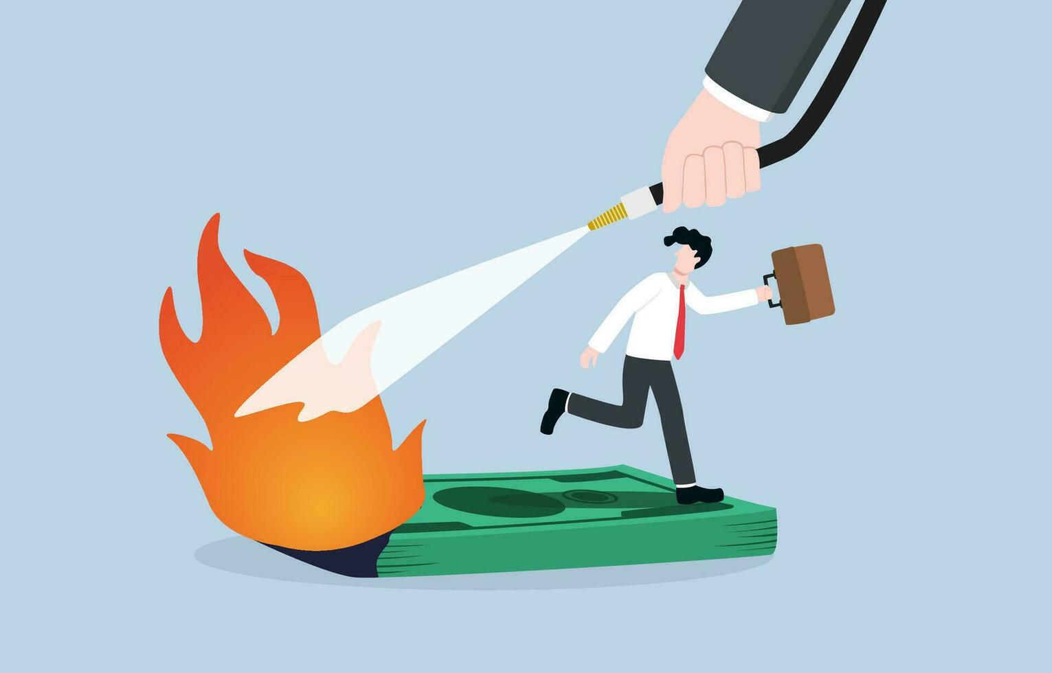 Government response to financial crisis, emergency assistance for people during recession, financial measures to help business survive concept, Hand holding fire hose spraying water on banknotes. vector