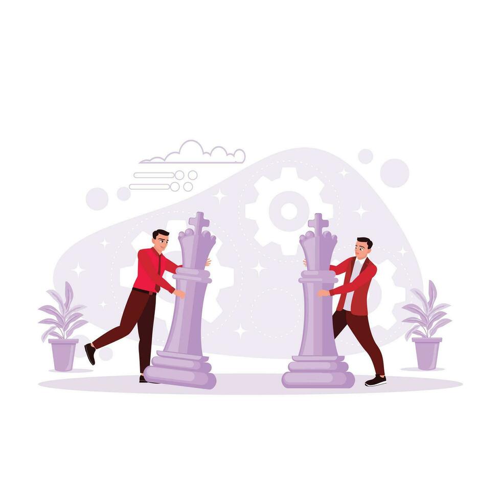 Two business people move grand chess as competition illustration, strategy, and leadership concept. Trend Modern vector flat illustration.