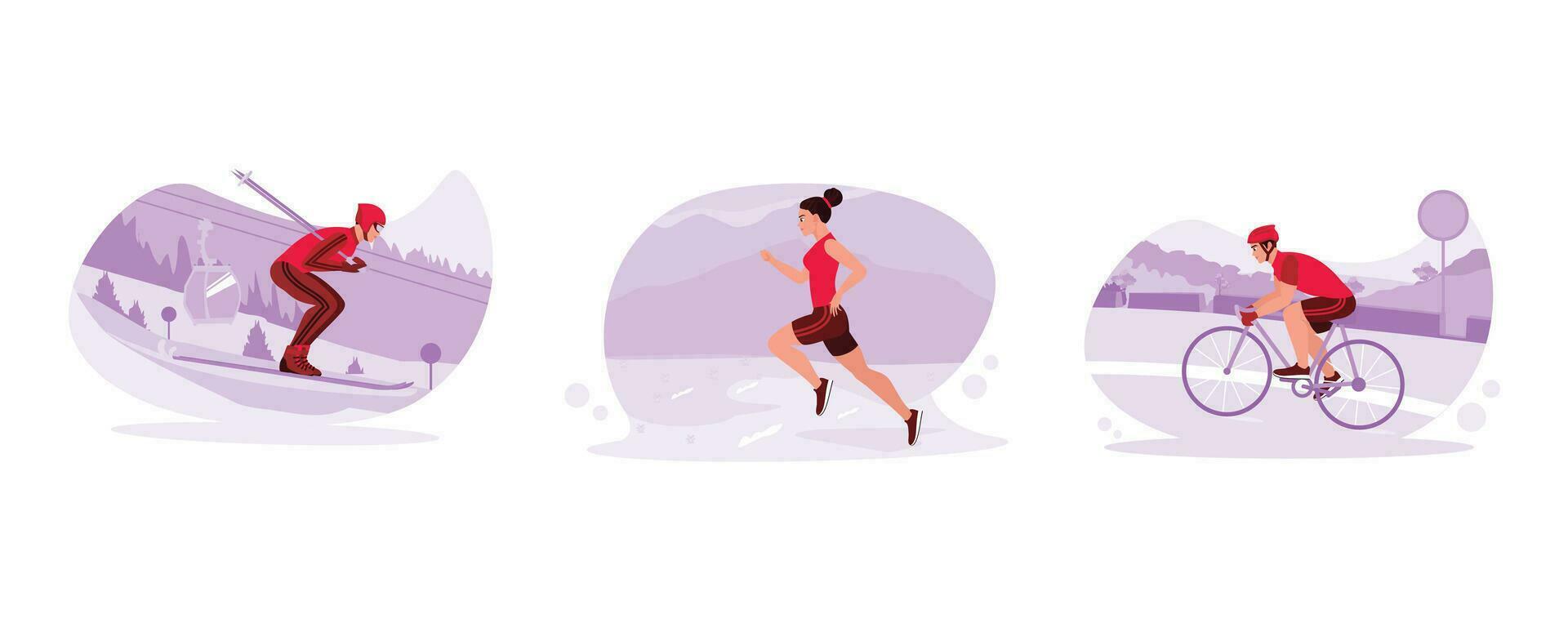 Ski athletes go fast on the snow. Female runners step fast. a Male cyclist was travelling at high speed. Trend Modern vector flat illustration.