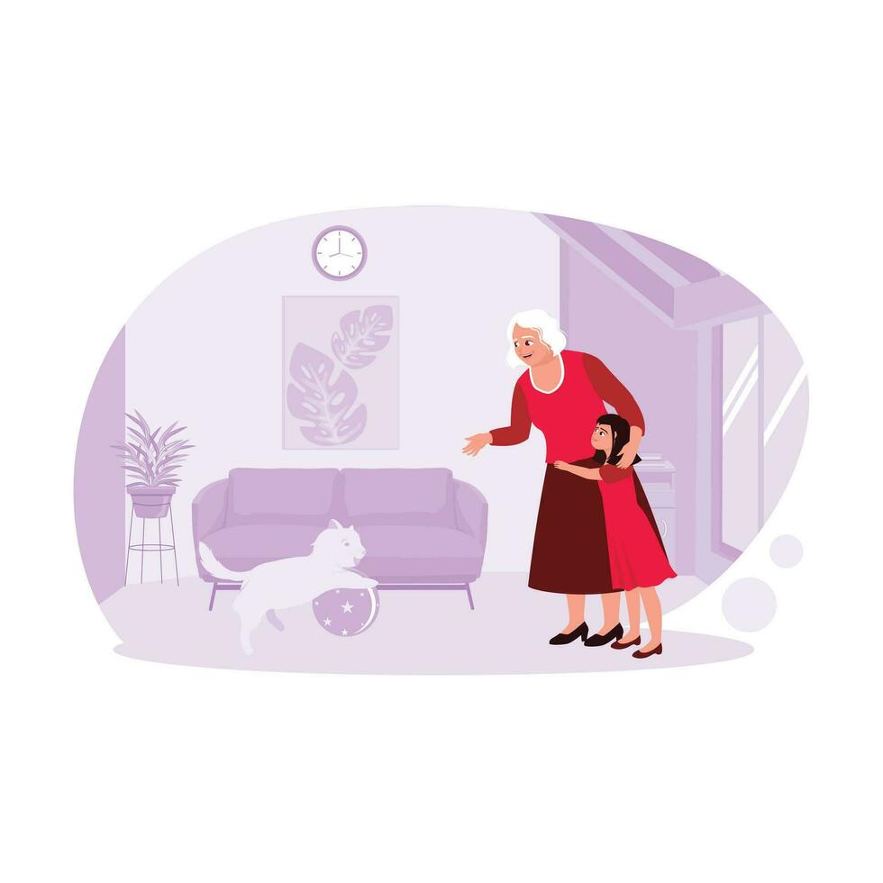 contento momentos de nietos abrazando abuela gasto hora juntos, y jugando con gatos en el vivo habitación. tendencia moderno vector plano ilustración.